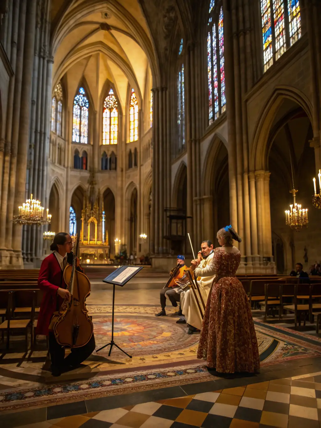 Musicians in medieval attire performing a concert in a historical setting, capturing the essence of medieval music and cultural heritage.
