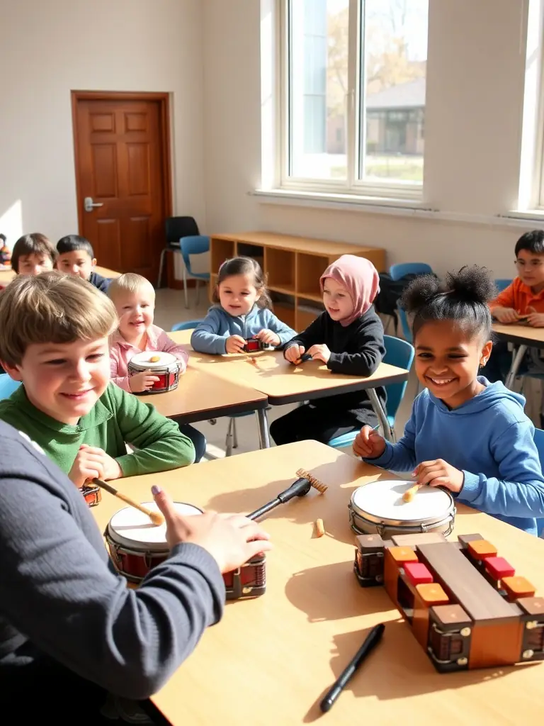 A group of participants actively engaged in an educational workshop, learning about medieval musical instruments and techniques from an experienced instructor.
