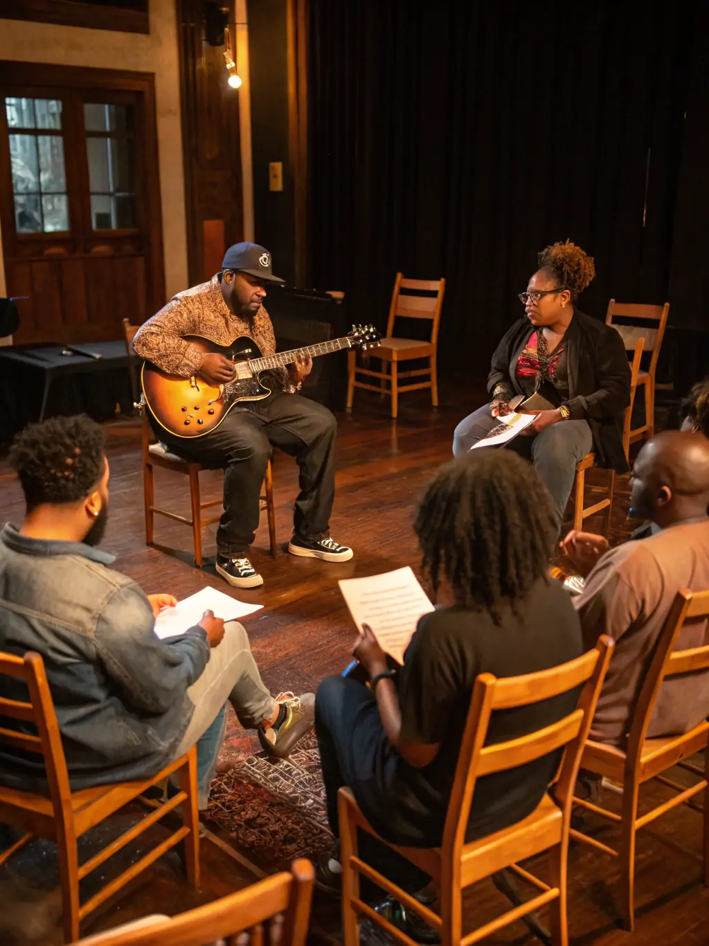 A workshop setting with participants learning to play medieval instruments, guided by an experienced instructor.