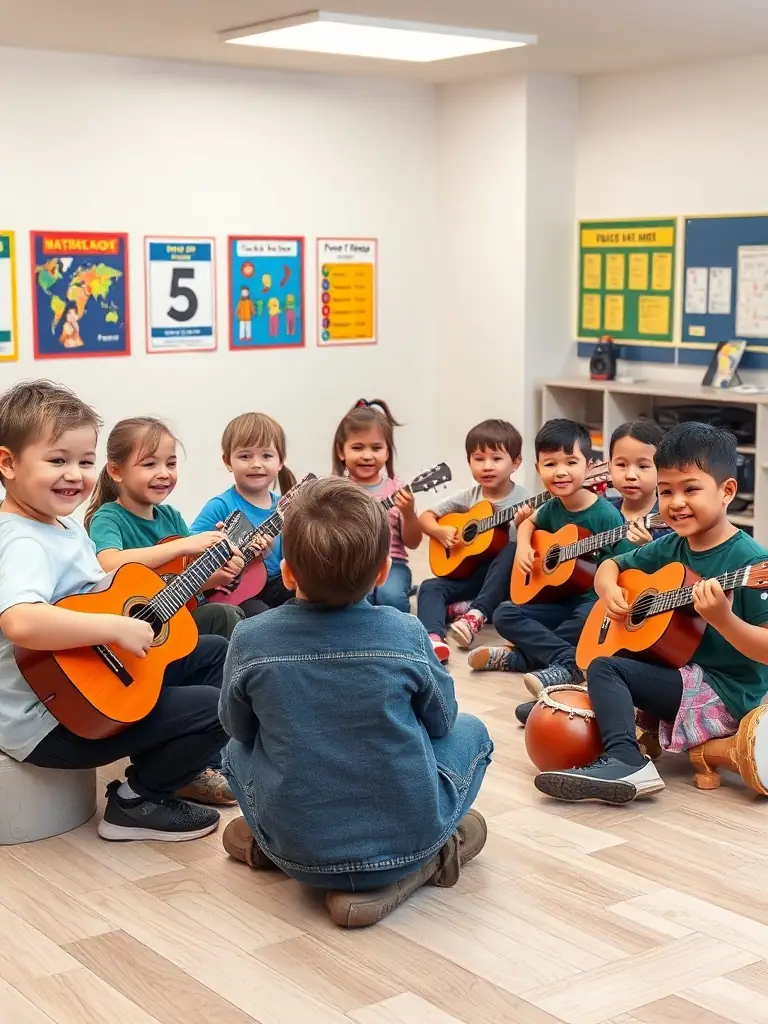 A group of children and adults participating in an educational workshop, learning to play medieval instruments, with a focus on hands-on engagement and cultural learning.