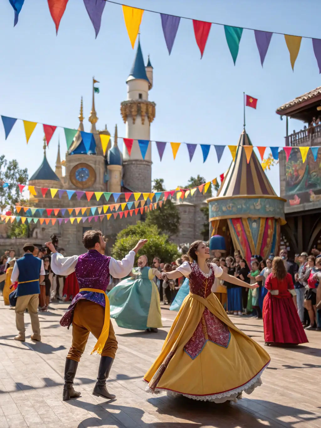 A vibrant scene from a cultural festival, featuring medieval music, dance, crafts, and storytelling.