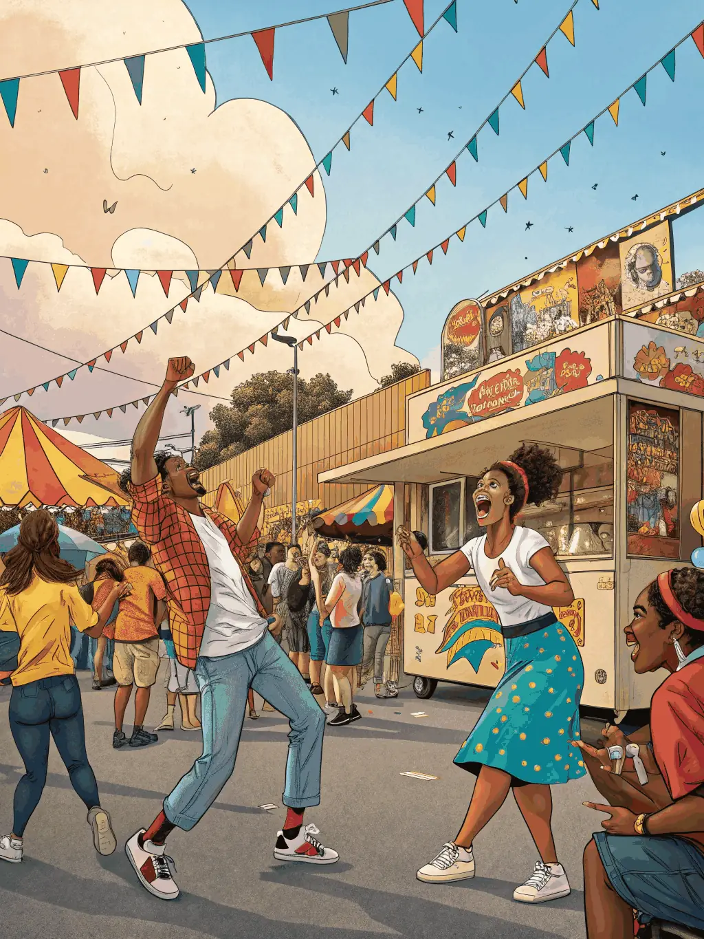 A vibrant scene from a cultural festival, showcasing performers in medieval costumes, craft stalls, and families enjoying the event outdoors, emphasizing community engagement.