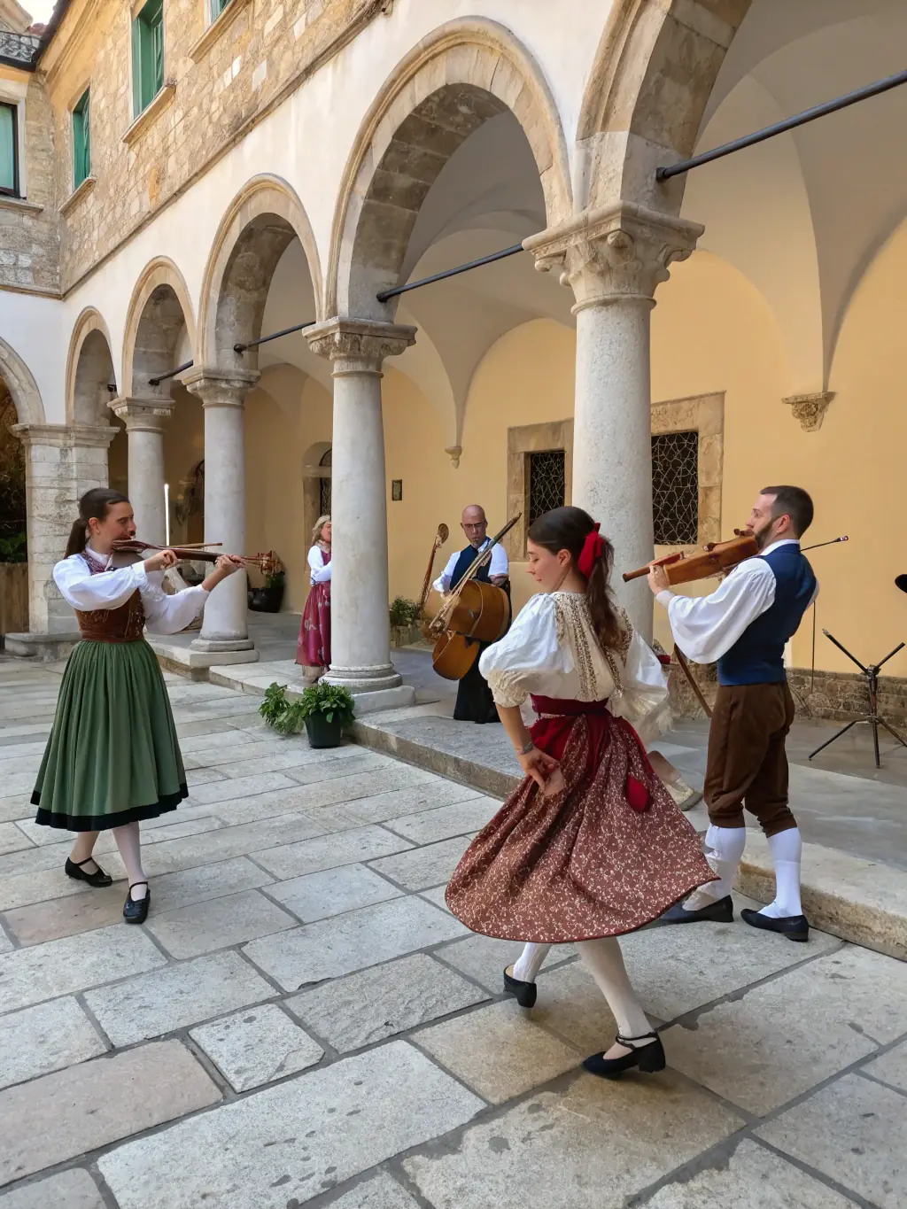 A group of musicians in medieval attire performing a concert in a grand hall, showcasing the beauty and authenticity of medieval music.