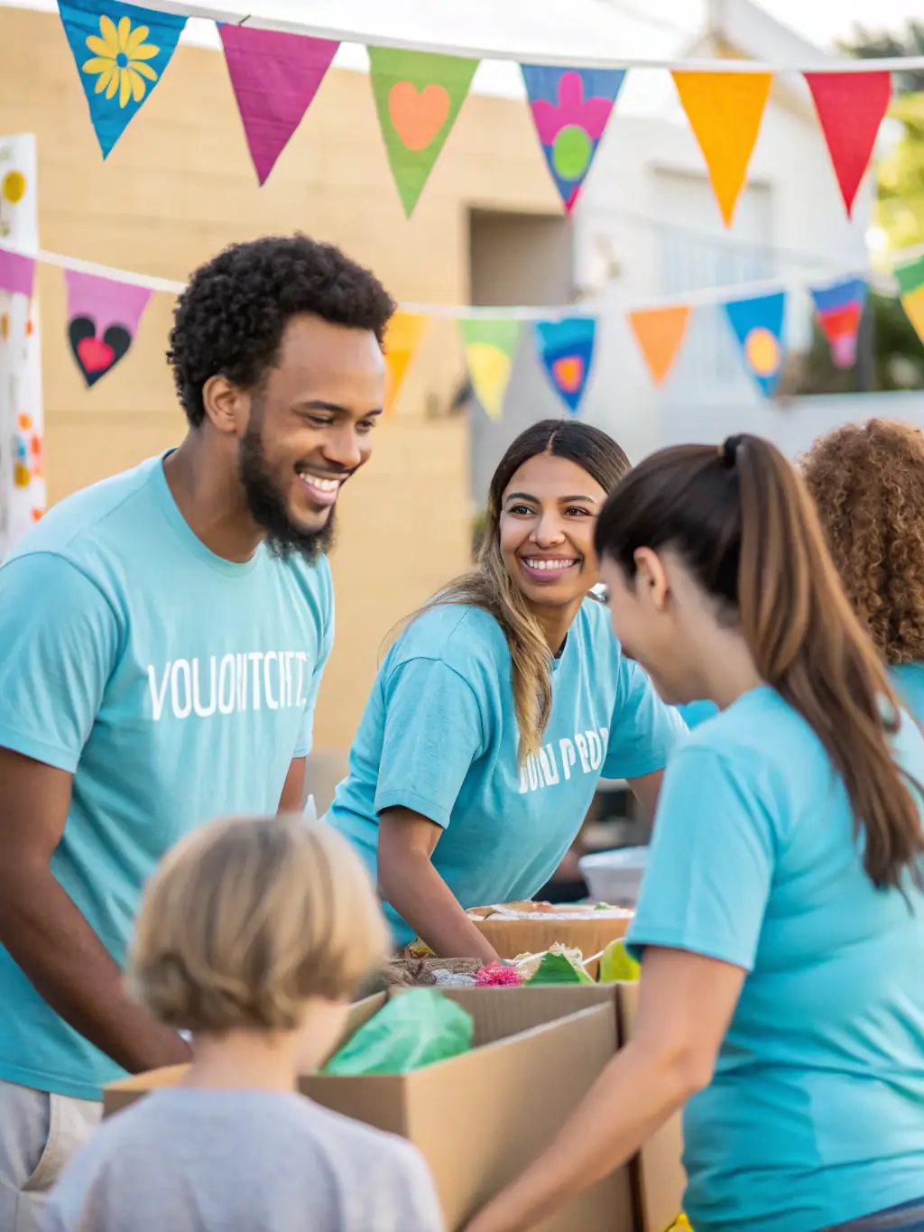 A diverse group of people volunteering at a LE CHANT DES PIERRES event, showcasing community involvement and support for the organization's mission.